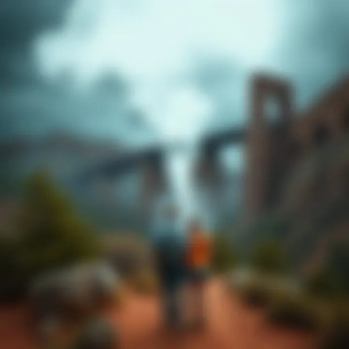 A couple stands on a hiking trail at Mexican Canyon Trestle, looking surprised as they hear a ghostly steam train sound with no train in sight.