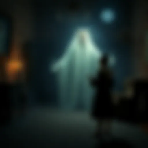 A person stands in a dimly lit room, facing a ghostly figure dressed in 16th-century noble clothing, looking serious and gesturing as if urging them to uncover something.