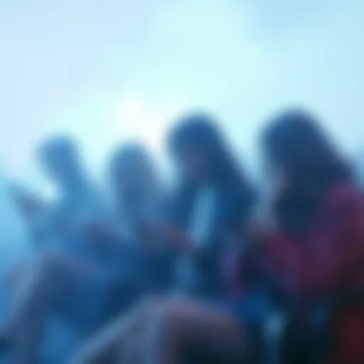 Ghostly Connection A group of people sitting together, looking at their phones with blank expressions, surrounded by a foggy atmosphere to symbolize detachment in social interactions.