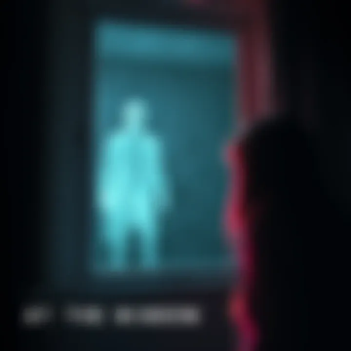 A frightened girl stares out a bathroom window, seeing a translucent figure resembling her deceased uncle standing outside. The scene is dimly lit, creating an eerie atmosphere.