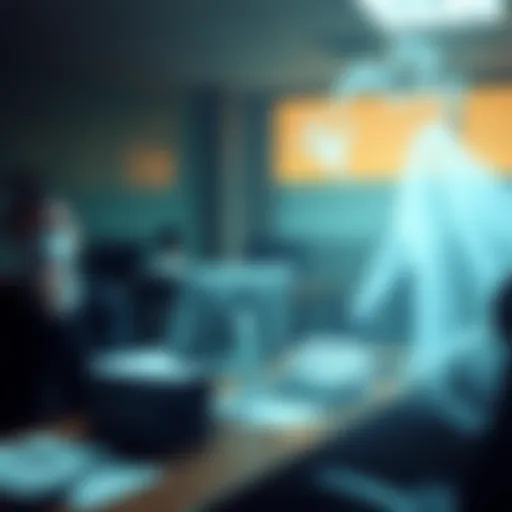 An office with a faint, shadowy figure appearing by a desk, while an employee looks on with surprise.