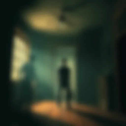A person stands in a dimly lit room of an old house, looking puzzled as shadowy figures appear in the background.