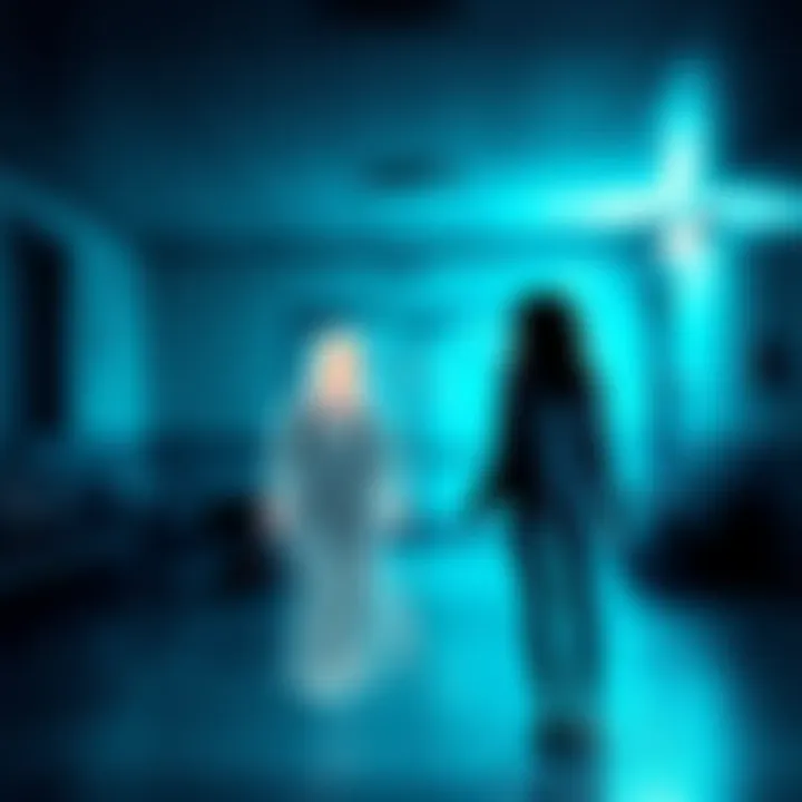 A person looks scared as they see a ghostly figure in a hospital waiting area at night.