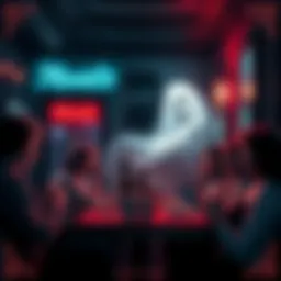 A haunting scene inside Muriel's Restaurant with diners looking surprised and a ghostly figure in the background