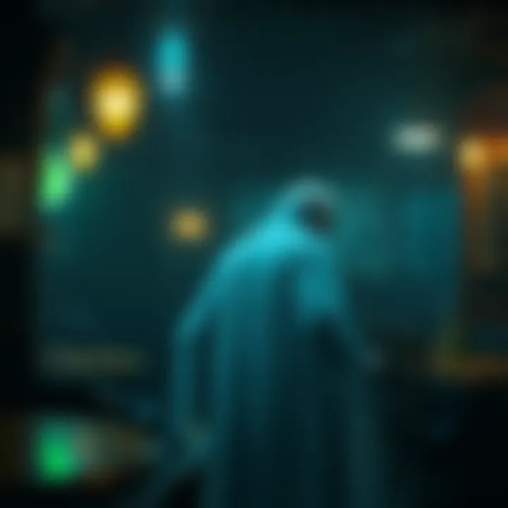 A dimly lit pub with a transparent figure of an elderly man in the corner, evoking a ghostly presence.
