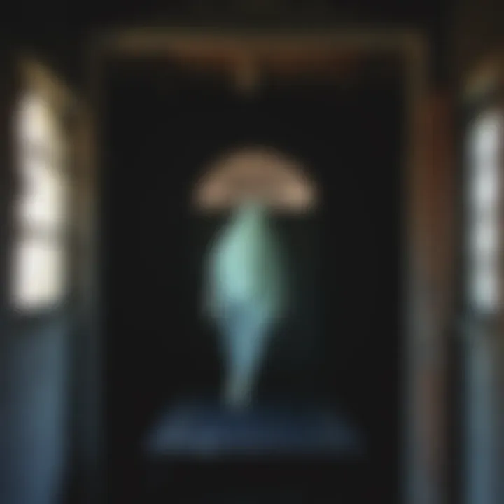 A translucent ghostly figure standing in a dark, abandoned room with dim light filtering through broken windows.