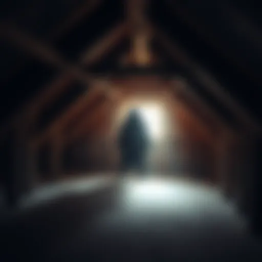 A shadowy figure resembling an animal is seen in the attic, suggesting a ghostly presence. Soft light highlights old wooden beams.