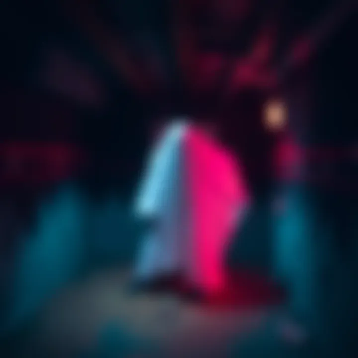 A blurry figure resembling a ghost appears in a dimly lit basement, captured on camera.