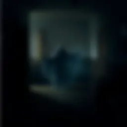 A ghostly figure appears in a shadowy room, suggesting a haunting. The scene is dimly lit, adding to the eerie atmosphere.