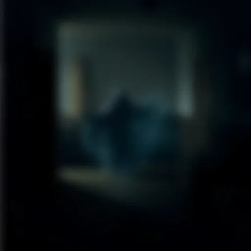A ghostly figure appears in a shadowy room, suggesting a haunting. The scene is dimly lit, adding to the eerie atmosphere.