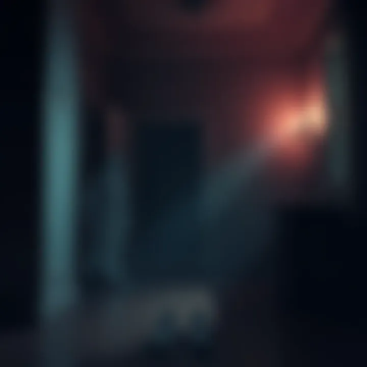 A shadowy ghostly figure appears in a dimly lit room, evoking a sense of fear and mystery.