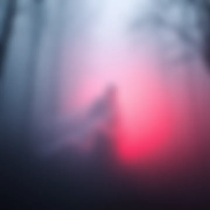 A transparent ghostly figure emerges from a foggy forest, shrouded in mystery and surrounded by eerie trees.