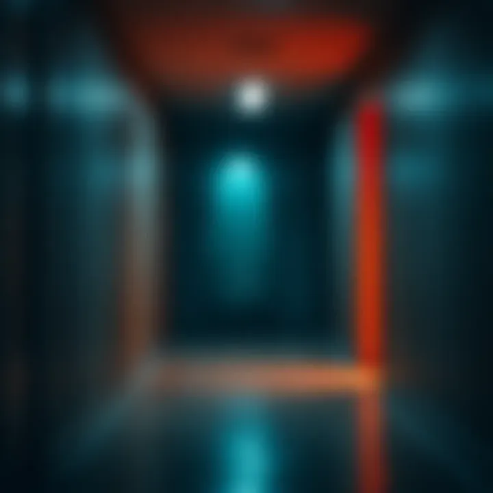 A faint ghostly figure appears in a dimly lit hallway captured on camera, evoking a sense of the supernatural.