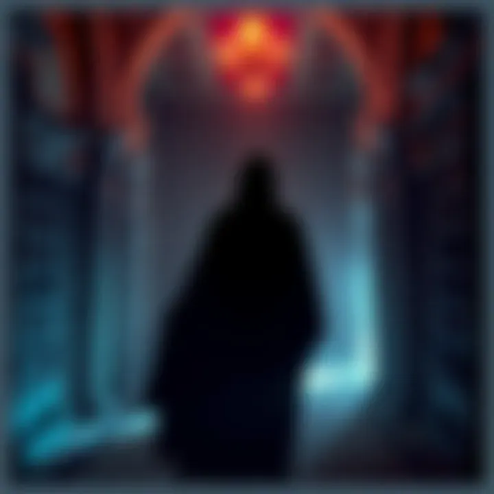 A spectral figure seen in the historic Hampton Court Palace halls, surrounded by gloomy lighting and old stone architecture.