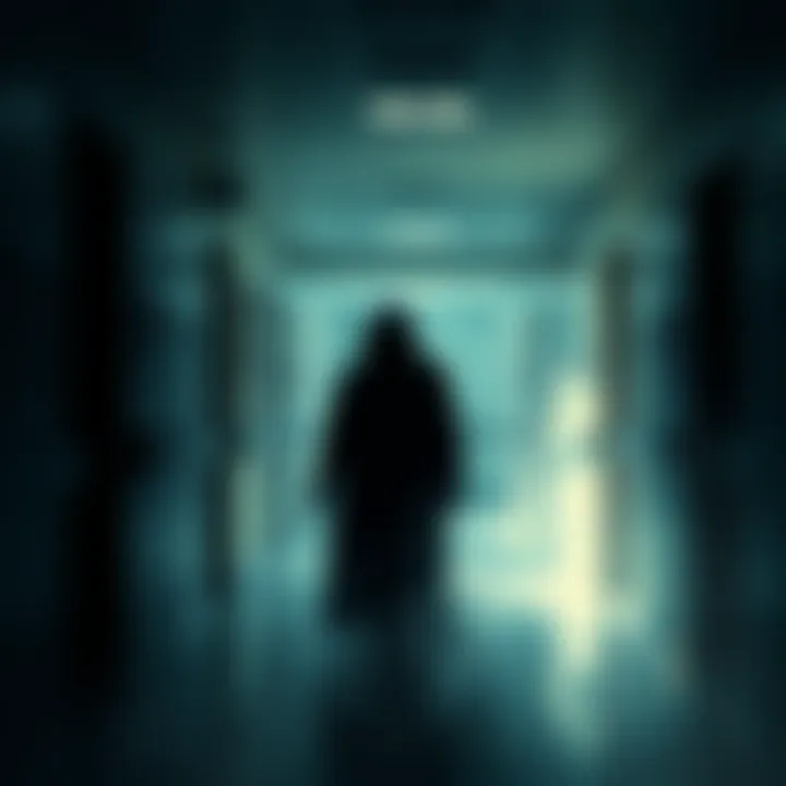 Ghostly Figure in Hospital Corridor A shadowy figure appears at the end of a dimly lit hospital corridor, suggesting a haunting presence.