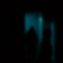 A faint ghostly figure appears in a dark room with a shadowy outline, suggesting a supernatural presence.