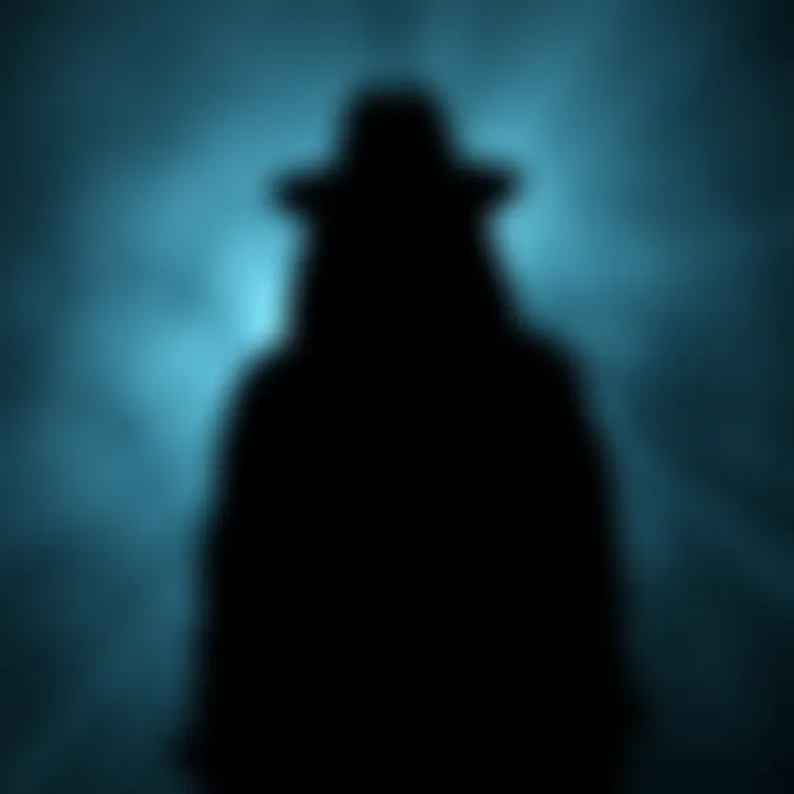 A shadowy figure, resembling a man in a hat, stands against a dimly lit background, evoking a sense of eerie mystery. The atmosphere suggests a haunting presence, inviting curiosity about its origin.