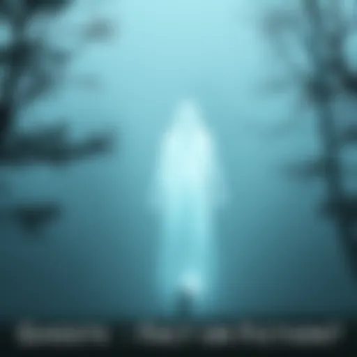 A translucent ghostly figure stands in a foggy environment, surrounded by trees, hinting at the idea of spirits.