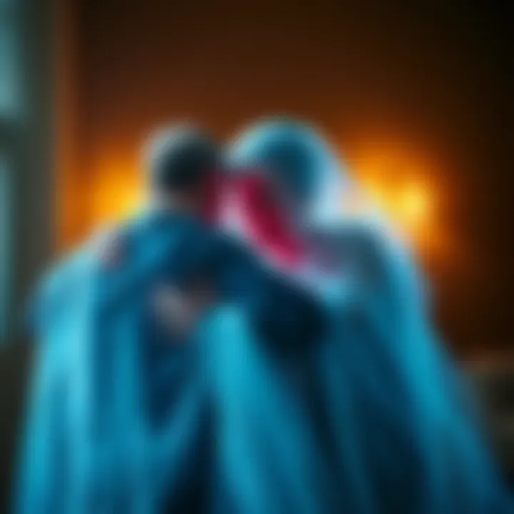 Ghost of a grandmother comforting family A ghostly figure of a grandmother seen gently embracing her son and grandson, capturing a moment of love after a funeral service.