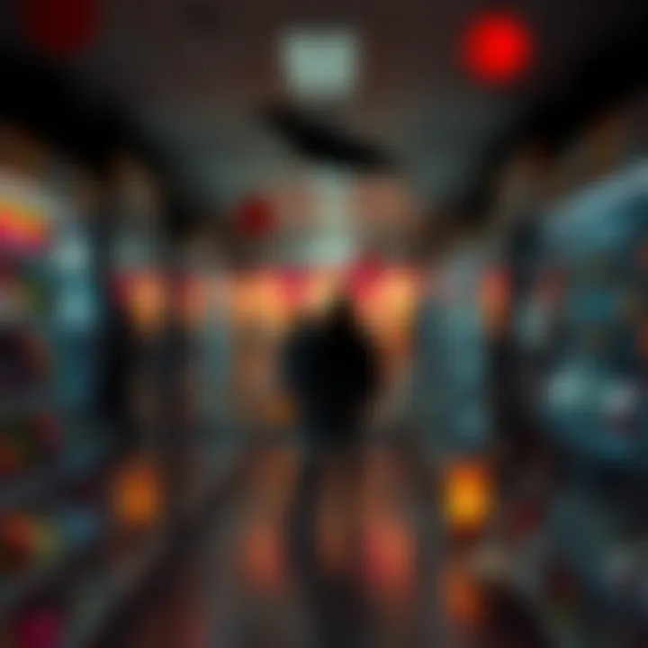 A dimly lit store aisle with shadowy figures and spooky decorations, suggesting ghostly encounters in a retail setting.