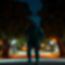 A ghostly soldier-like figure appearing in a neighborhood, surrounded by trees and houses, captured by a Wyze camera at night.