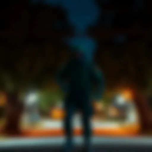 A ghostly soldier-like figure appearing in a neighborhood, surrounded by trees and houses, captured by a Wyze camera at night.