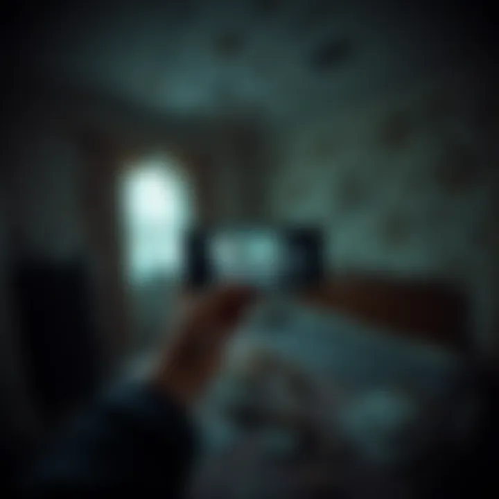 A person using GhostTube app to record in a dark, empty room of an abandoned house, surrounded by peeling wallpaper and old furniture.