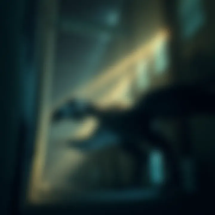 A large, bird-like creature resembling a Quetzalcoatlus trapped inside a dimly lit building at night