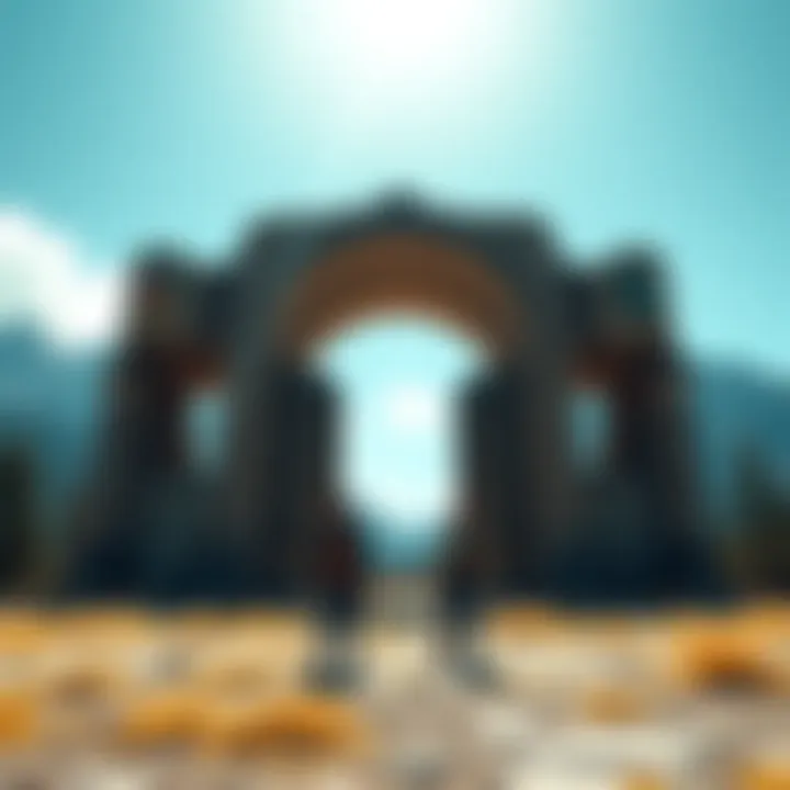 Explorers stand in front of a large, ancient-looking doorway set against the backdrop of the Dzungarian Alatau Mountains.