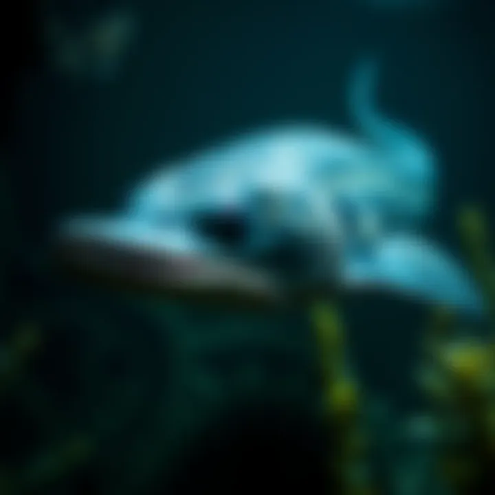 A close-up of a large eel swimming in the dark waters of Loch Ness, surrounded by underwater plants.