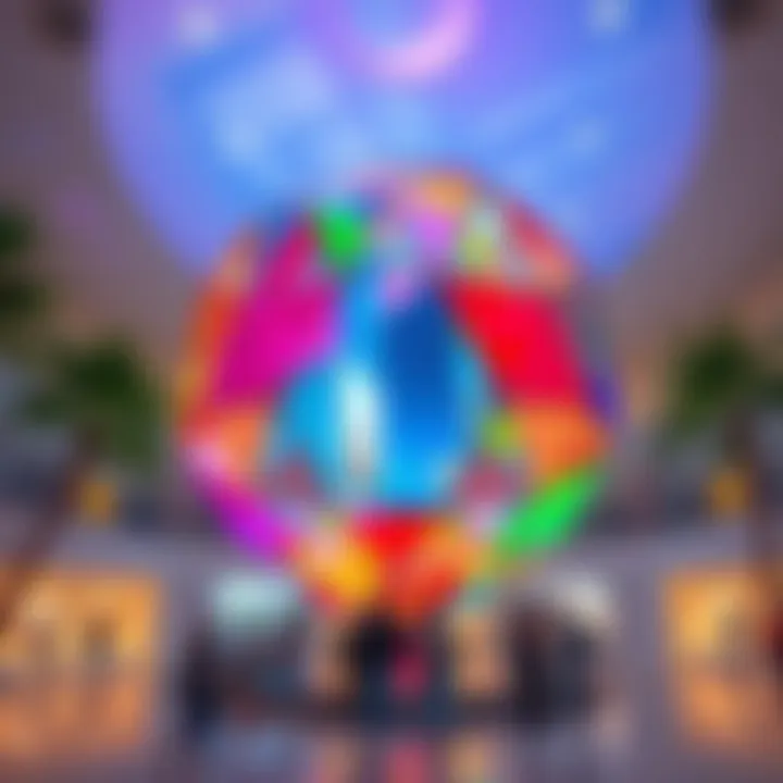 A large, colorful icosahedron sculpture displayed inside the Palm Springs Art Museum, attracting visitors with its geometric design