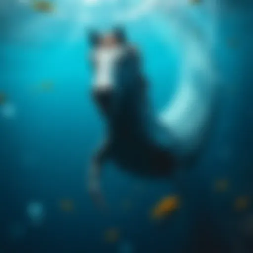 A long, serpent-like creature with a horse-like face swims in deep blue waters, surrounded by bubbles and marine life.
