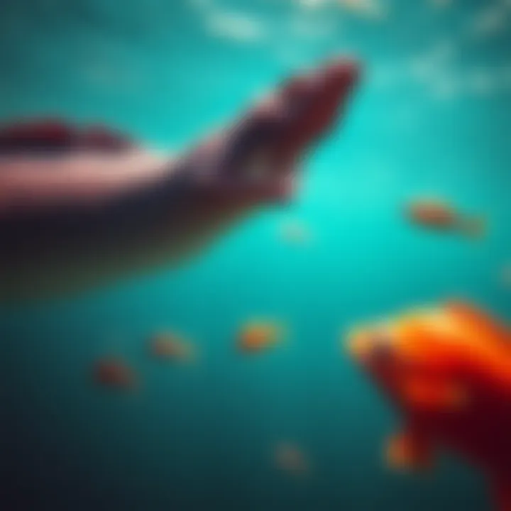 A large eel swimming in the ocean, resembling a monster from folklore, alongside smaller fish.