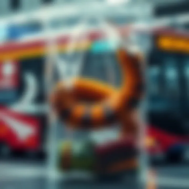 A large, colorful worm parasite inside a plastic bag, symbolizing health and intelligence, with a bus in the background.