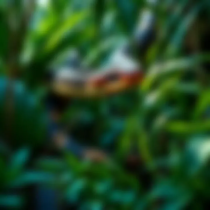 Giant Snake in Amazon Jungle A large snake slithering through thick green foliage in the Amazon rainforest