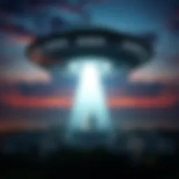 A large glowing sphere hovers above a military base, casting an eerie light in the night sky, surrounded by trees and buildings.