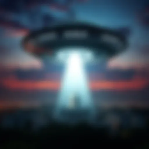 A large glowing sphere hovers above a military base, casting an eerie light in the night sky, surrounded by trees and buildings.