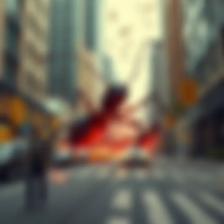 A scene of giant alien ants swarming a city street, causing panic among residents and chaos, while a person looks for a sound to drive them away.