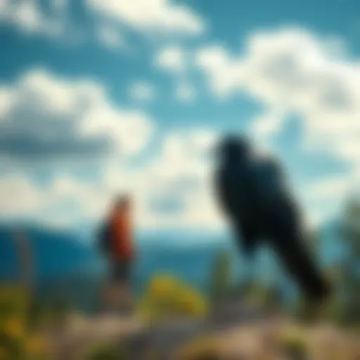 A hiker in Colorado stands amazed as a large bird resembling a raven approaches. The bird is strikingly tall and friendly, contrasting with typical smaller ravens.