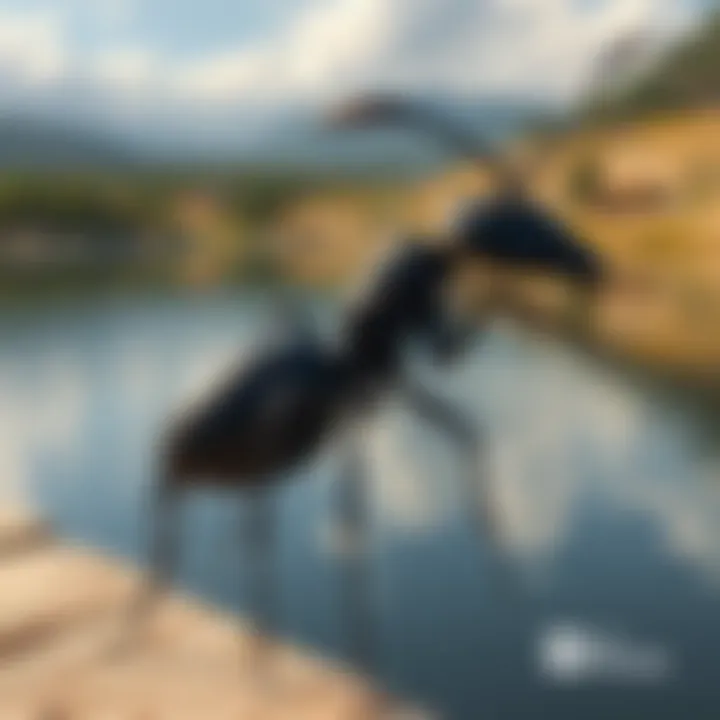 A striking depiction of an oversized insect resembling a black ant with multiple legs set against the backdrop of a serene lake in Guanajuato, Mexico.