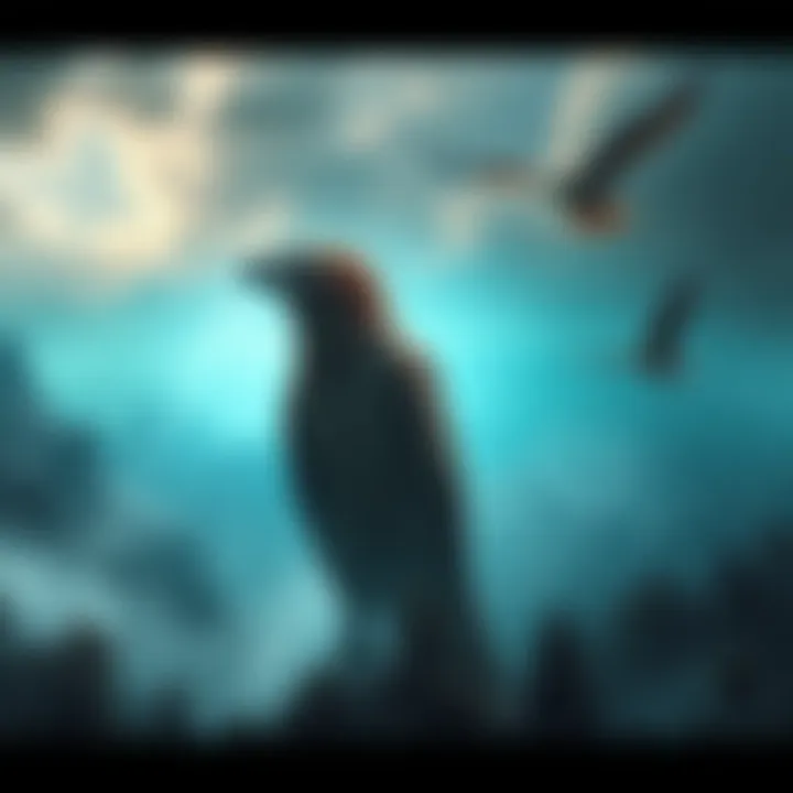 A depiction of large cryptids in land, air, and sea settings, including a massive sea creature, an oversized bird, and a large land animal among forests.