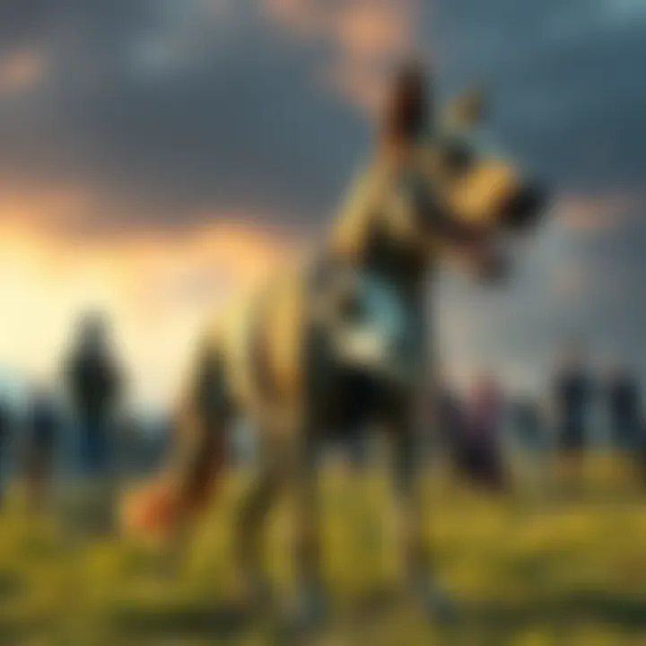 A large dog with a horse skull, standing in a grassy area, surrounded by curious onlookers.