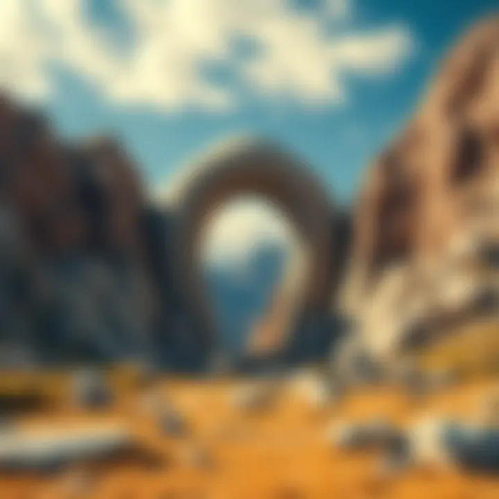 A massive stone doorway surrounded by rugged mountains in the Dzungarian Alatau region of Kazakhstan.