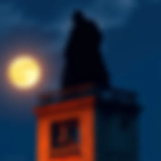A tall, shadowy figure appears on a city bell tower under a full moon, sparking intrigue among residents.