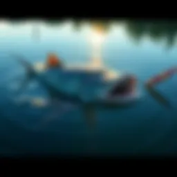 A large fish swimming in a lake, surrounded by ripples and sunlight