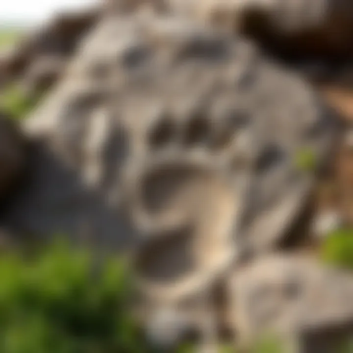 A large rock imprint resembling a giant foot, surrounded by stones and grass in Mpuluzi, South Africa.
