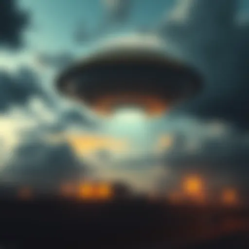 A large, bright sphere hovers above a military base, surrounded by dark clouds. The base is lit with lights, showing a sense of alertness. People on the ground look up in surprise.