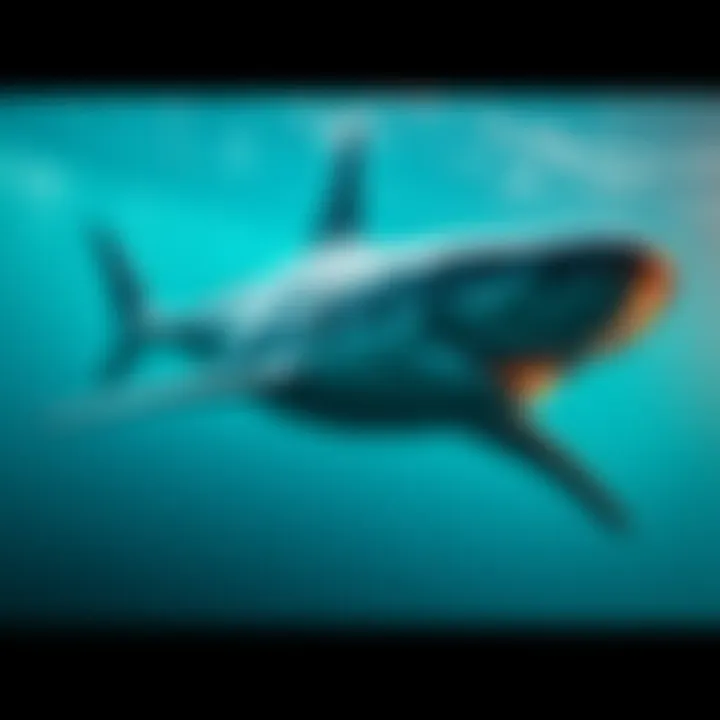 A giant hammerhead shark swimming in ocean waters, showcasing its unique head shape and powerful body.