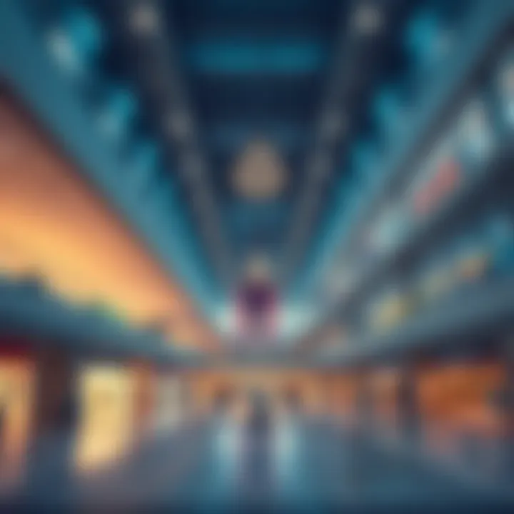 A vast, empty mall interior with tall ceilings, bright lights, and empty stores, symbolizing anxiety and lost opportunities in dreams.