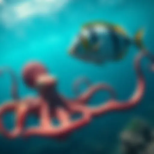 A large octopus and a big fish swimming in the ocean, showcasing marine gigantism.
